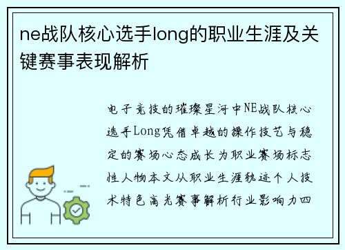 ne战队核心选手long的职业生涯及关键赛事表现解析