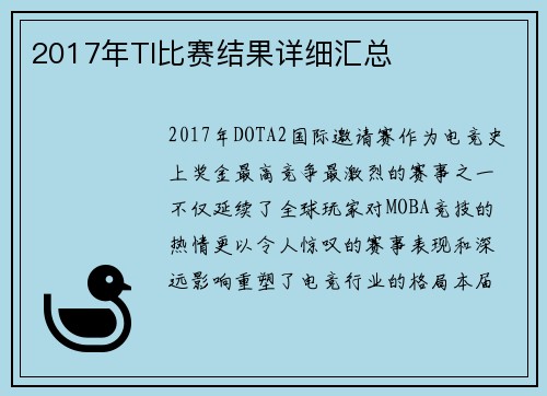 2017年TI比赛结果详细汇总