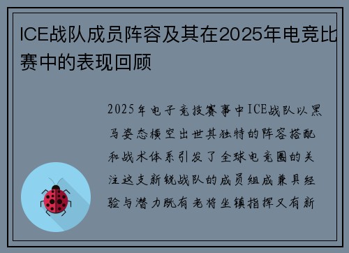 ICE战队成员阵容及其在2025年电竞比赛中的表现回顾