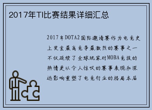 2017年TI比赛结果详细汇总