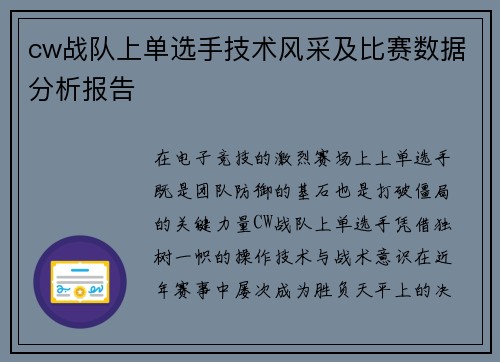 cw战队上单选手技术风采及比赛数据分析报告